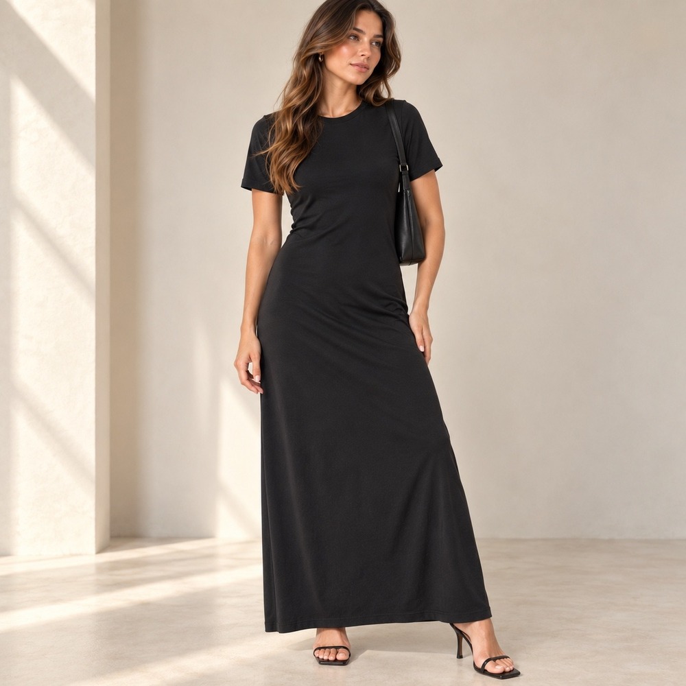 COS Black Lyocell Blend Structured Maxi T-Shirt Dress S Short Sleeve Slit